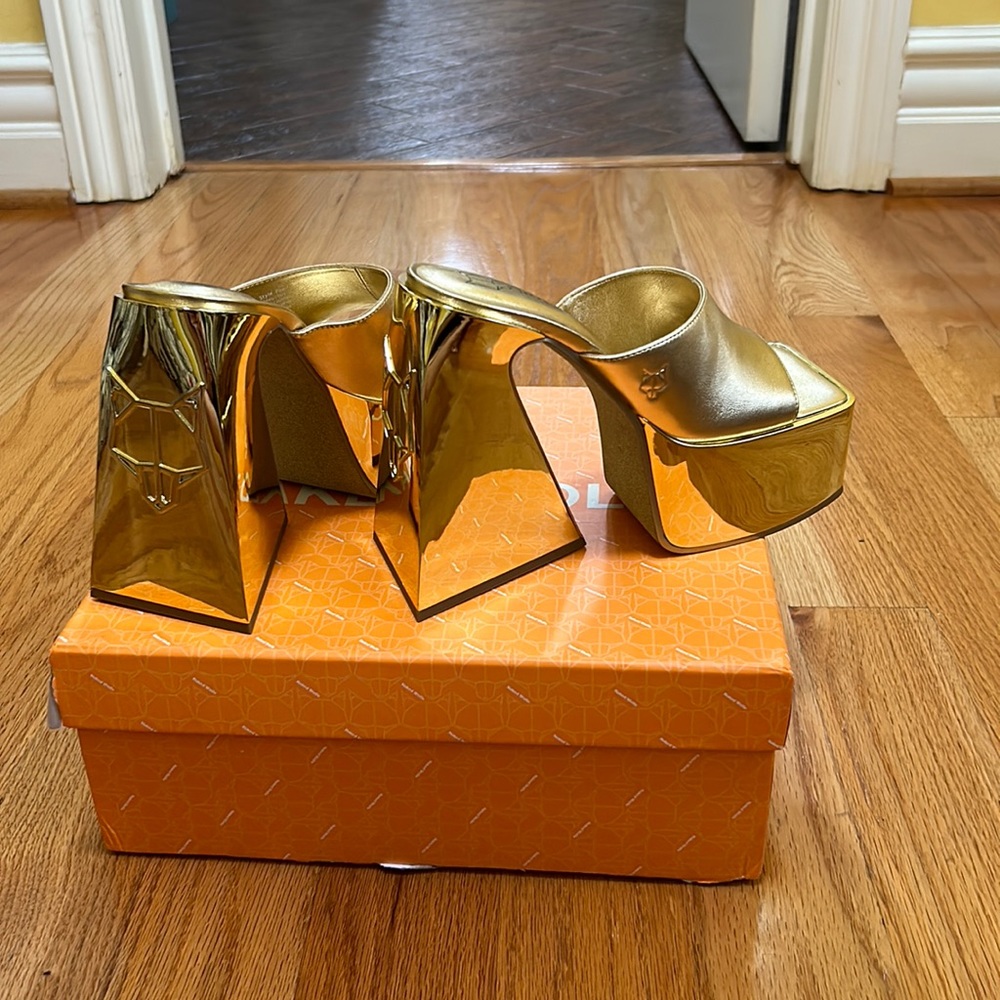 Naked wolfe platform mules gold
